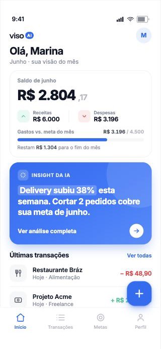 Tela inicial do app Viso AI mostrando saldo do mês, um insight da IA e as últimas transações