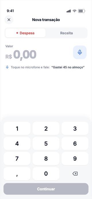 Tela de lançar transação: teclado numérico, valor em branco e um lembrete para tocar no microfone e falar o gasto